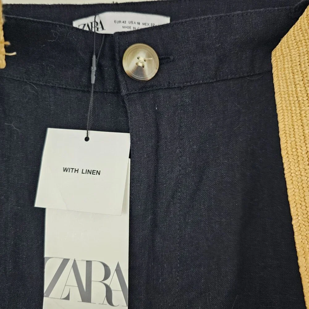 ZARA Womens Sz 10 Linen Blend Straight Leg Pants Office Siren Casual Work NWT